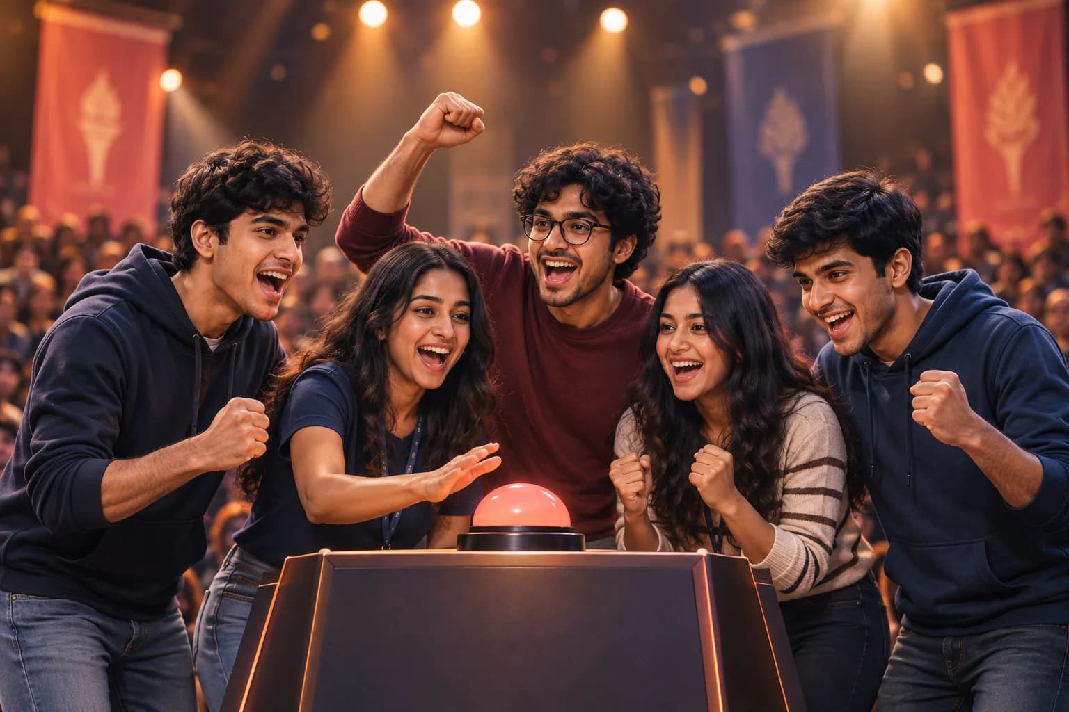 Five Indian college students competing together around a quiz buzzer